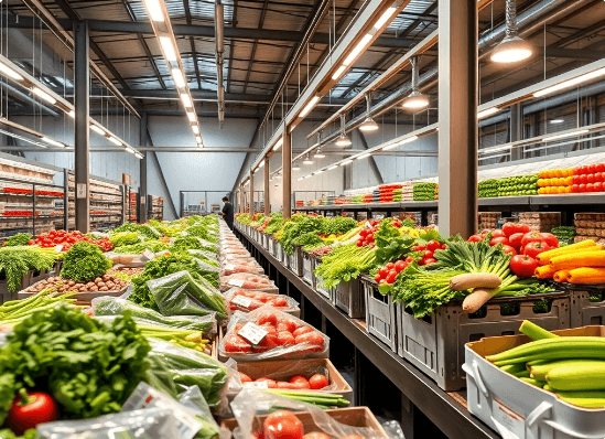Fresh produce warehouse with vegetables and fruits
