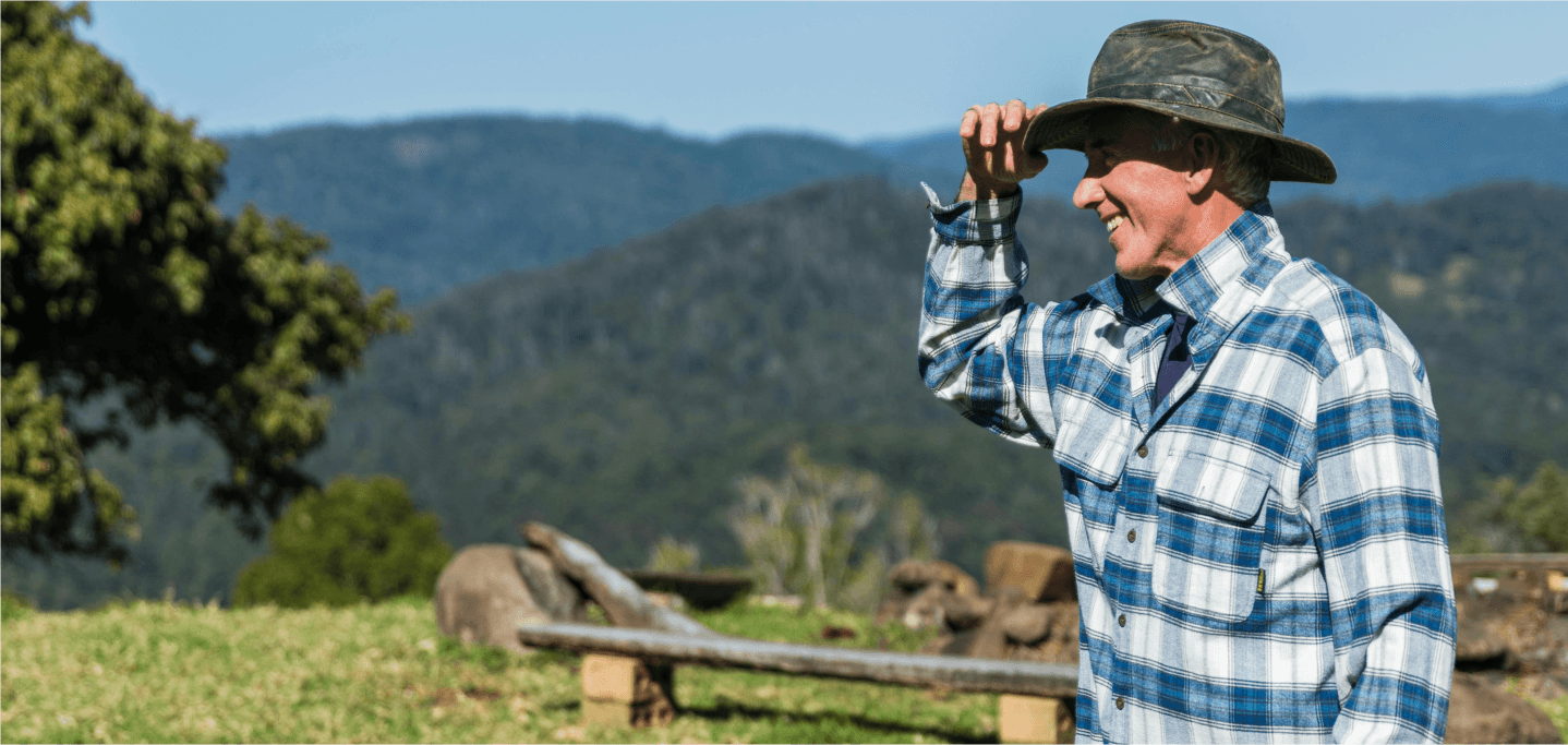 Farmer inspecting plants in a green field